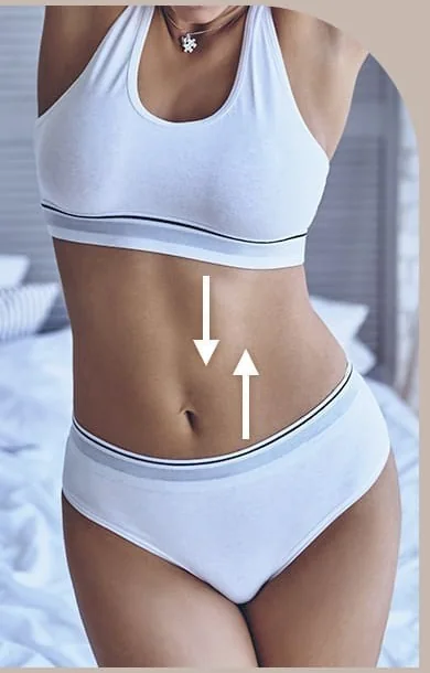 세로 방향 복근 고정을 위아래 화살표로 표시한 복부 사진