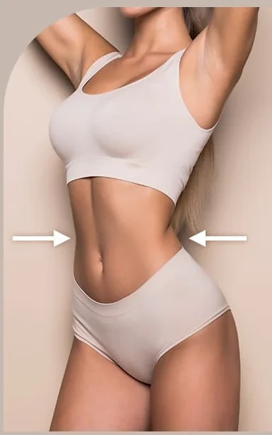 가로 방향 복근 고정을 좌우 화살표로 표시한 복부 사진