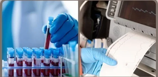 혈액 검체 채취 장면과 심전도 검사 기록지