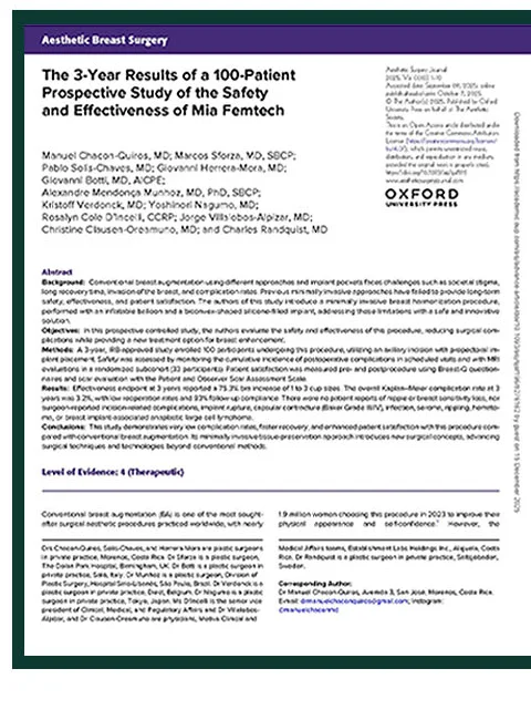 Aesthetic Surgery Journal 게재 논문 1면 — The 3-Year Results of a 100-Patient Prospective Study of the Safety and Effectiveness of Mia Femtech