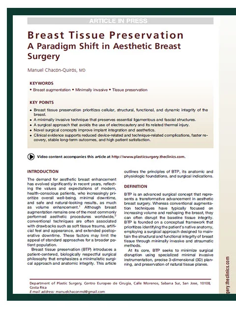 Clinics in Plastic Surgery 게재 논문 1면 — Breast Tissue Preservation: A Paradigm Shift in Aesthetic Breast Surgery
