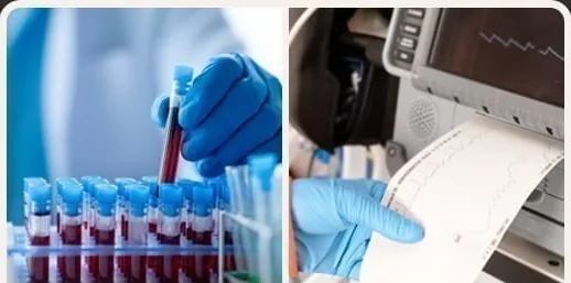 혈액 검체 채취 장면과 심전도 검사 기록지