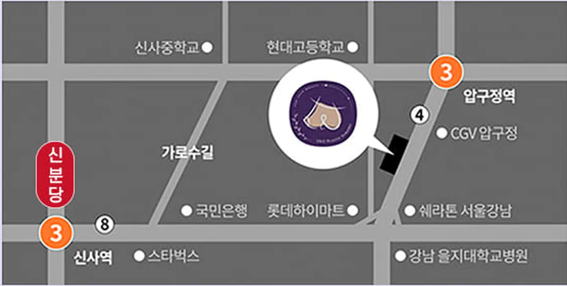 유앤유성형외과 약도 — 압구정역·신사역 인근 가로수길